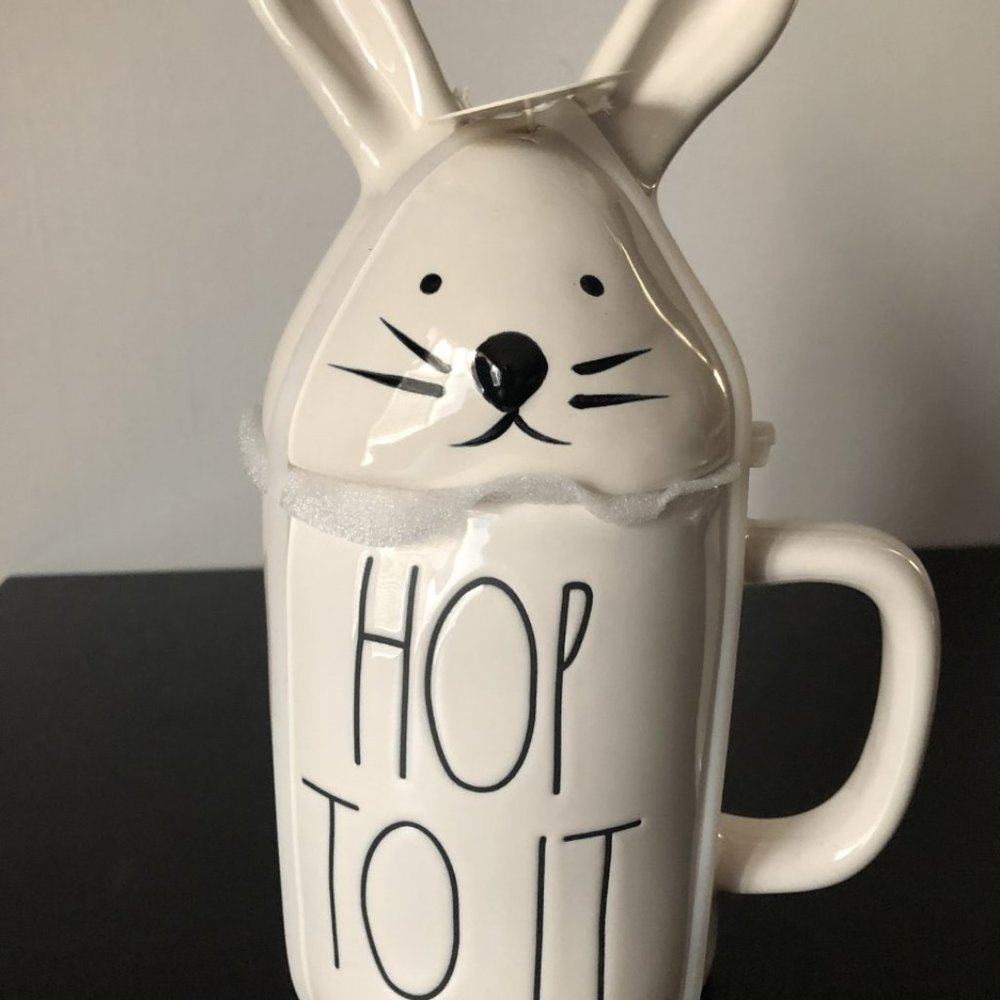 Rae Dunn "Hop To It" Bunny Mug with Bunny Top